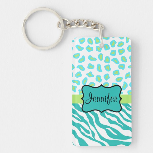 Teal Lime Green & White Zebra & Cheetah Skin Keychain (Front)