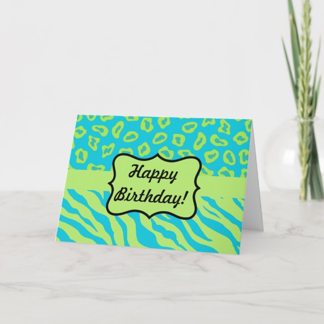 Teal & Lime Green Zebra & Cheetah Personalized Card (Front)