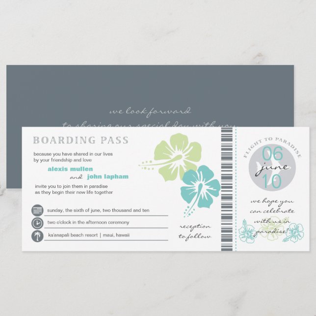 Teal & Lime Hibiscus Flower Boarding Pass Wedding Invitation (Front/Back)
