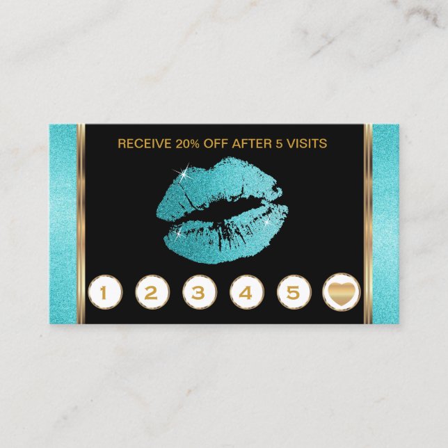 Teal Lips on Black & Gold Marble Loyalty Card (Front)