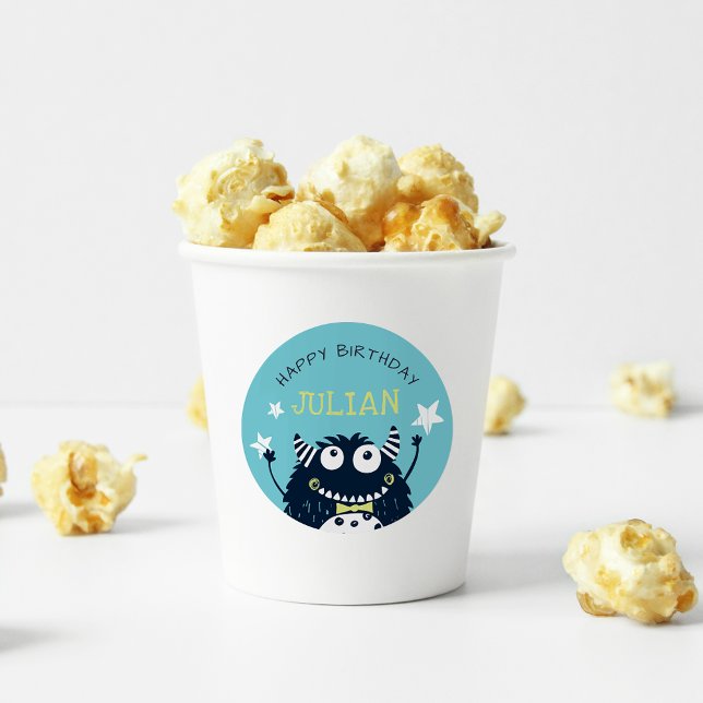 Teal | Little Monster Personalized Kids Birthday Classic Round Sticker (Creator Uploaded)