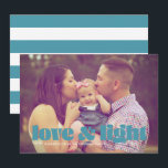 Teal Love and Light Single Photo Hanukkah Card<br><div class="desc">This modern Hanukkah card features the words love & light in teal over a full bleed photo. The back has a striped pattern.</div>