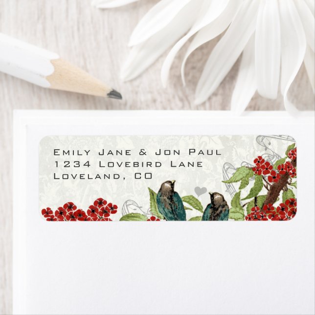Teal Love Birds Red Flowers Branch RSVP Address   (Insitu)