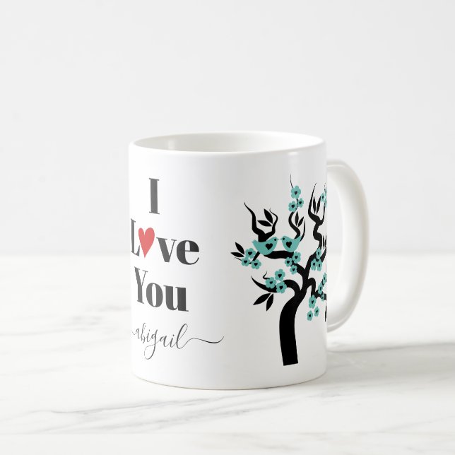 Teal Love birds sakura cherry tree and blossom Coffee Mug (Front Right)