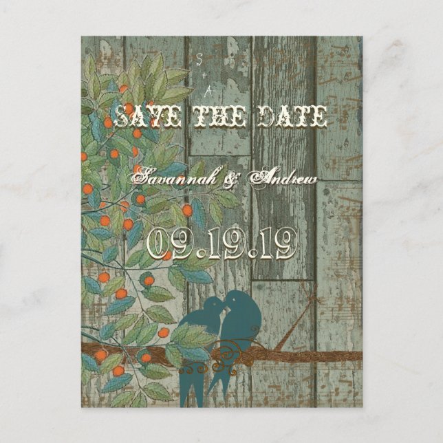Teal Love Birds Sitting in a Tree Save the Date Announcement Postcard (Front)
