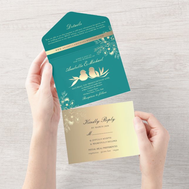 Teal Love Birds Wedding All In One Invitation (Tearaway)