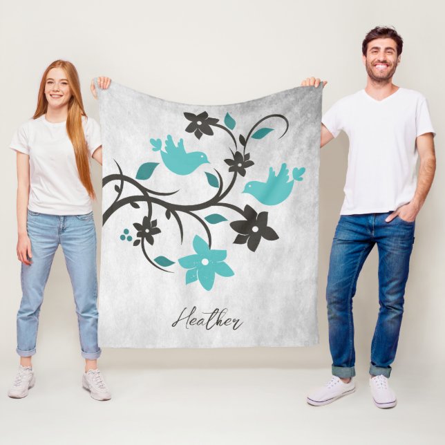 Teal Lovebirds Fleece Blanket (In Situ)