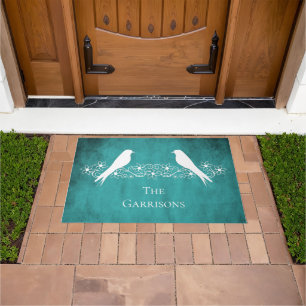 Teal Lovebirds Floral Vine Personalized Doormat