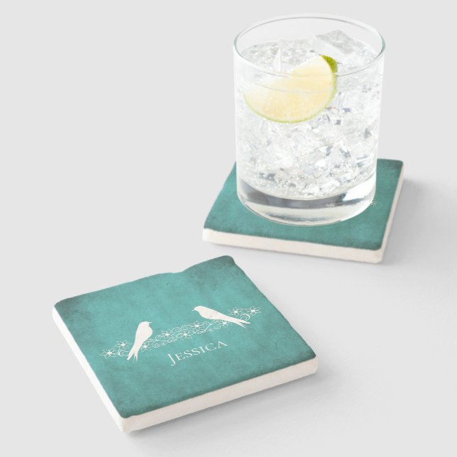 Teal Lovebirds Floral Vine Stone Coaster (Side)