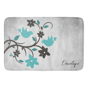 Teal Lovebirds Personalized Bath Mat