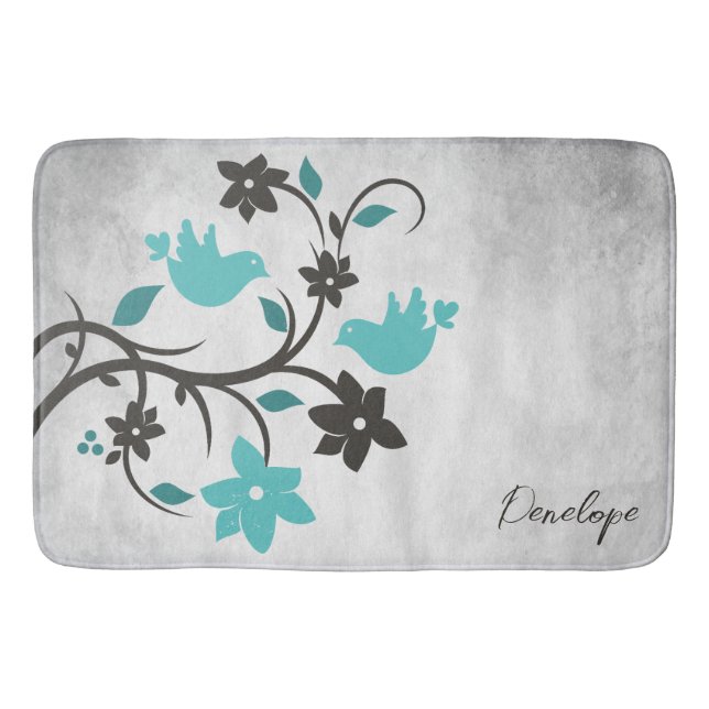 Teal Lovebirds Personalized Bath Mat (Front)