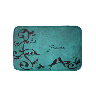 Teal Lovebirds Personalized Bath Mat