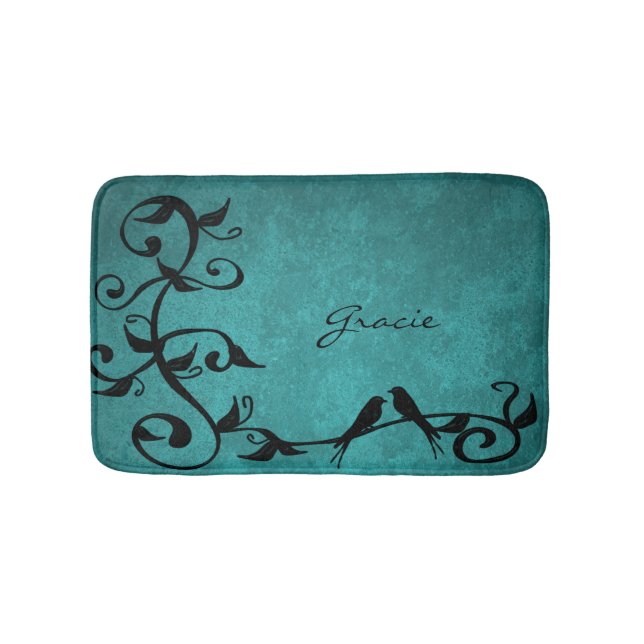 Teal Lovebirds Personalized Bath Mat (Front)