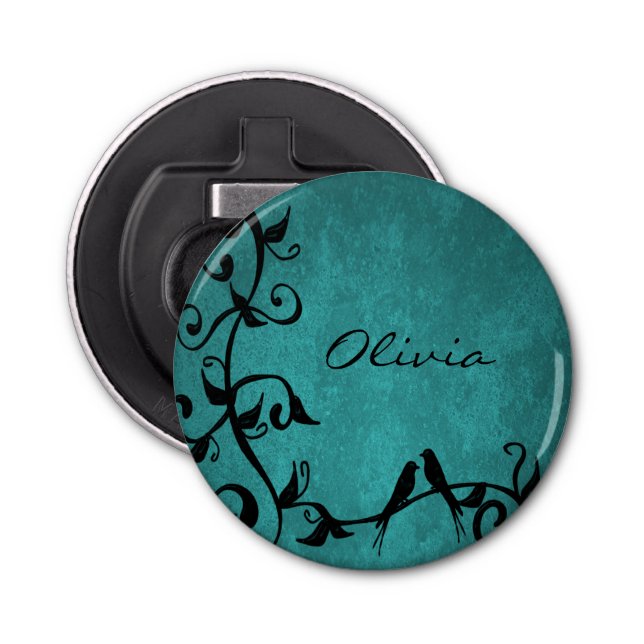 Teal Lovebirds Personalized Bottle Opener (Front)