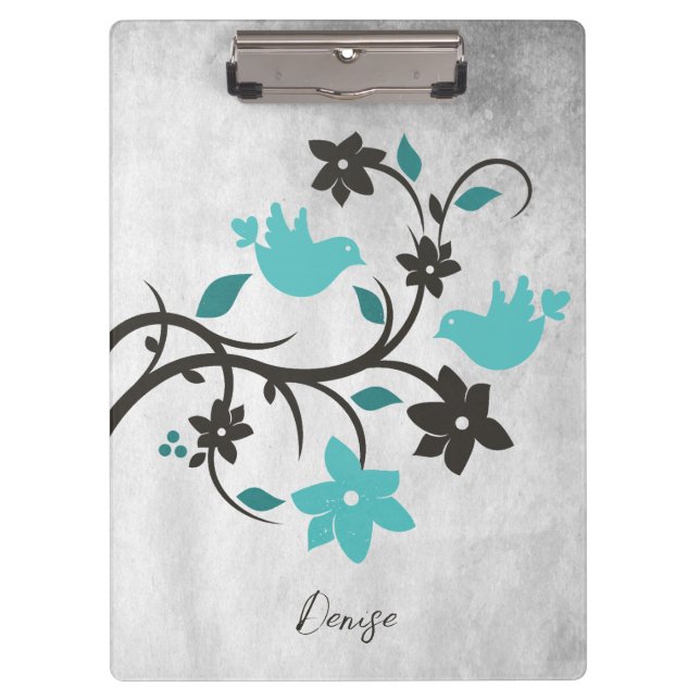 Teal Lovebirds Personalized Clipboard (Front)