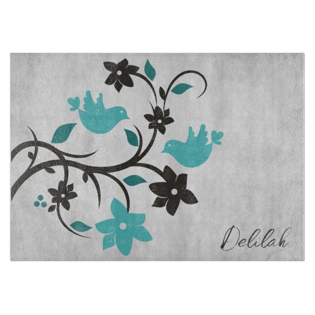 Teal Lovebirds Personalized Cutting Board (Front)
