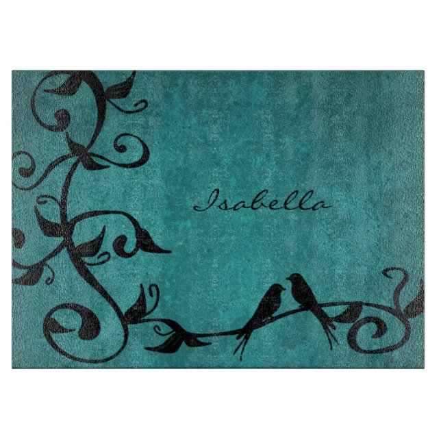 Teal Lovebirds Personalized Cutting Board (Front)