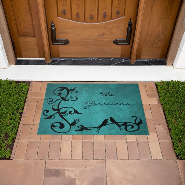 Teal Lovebirds Personalized Doormat (Outdoor)
