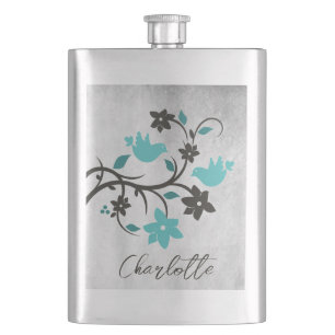 Teal Lovebirds Personalized Flask