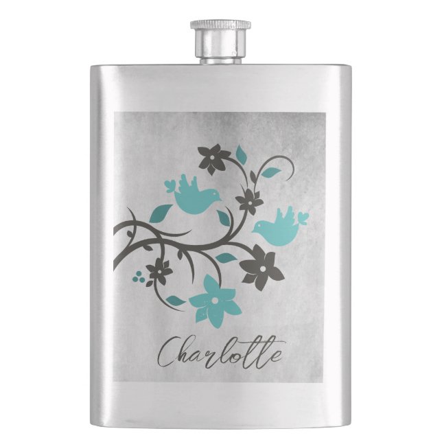 Teal Lovebirds Personalized Flask (Front)