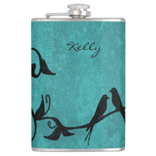 Teal Lovebirds Personalized Flask