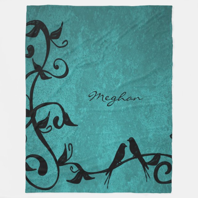 Teal Lovebirds Personalized Fleece Blanket (Front)