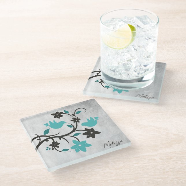 Teal Lovebirds Personalized Glass Coaster (Angled)