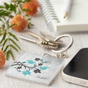 Teal Lovebirds Personalized Keychain