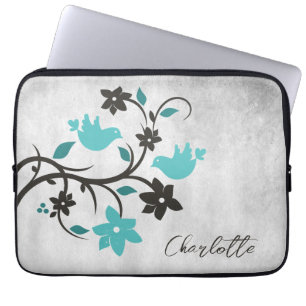 Teal Lovebirds Personalized Laptop Sleeve