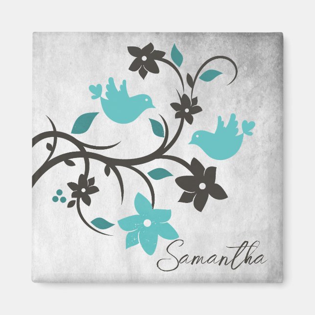 Teal Lovebirds Personalized Magnet (Front)