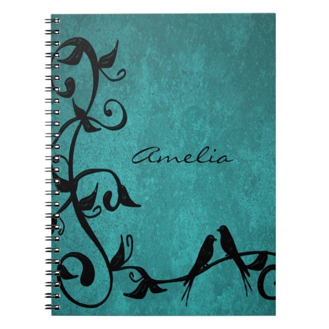 Teal Lovebirds Personalized Notebook (Front)