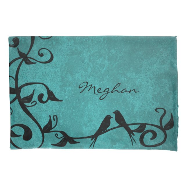 Teal Lovebirds Personalized Pillowcase (Front)