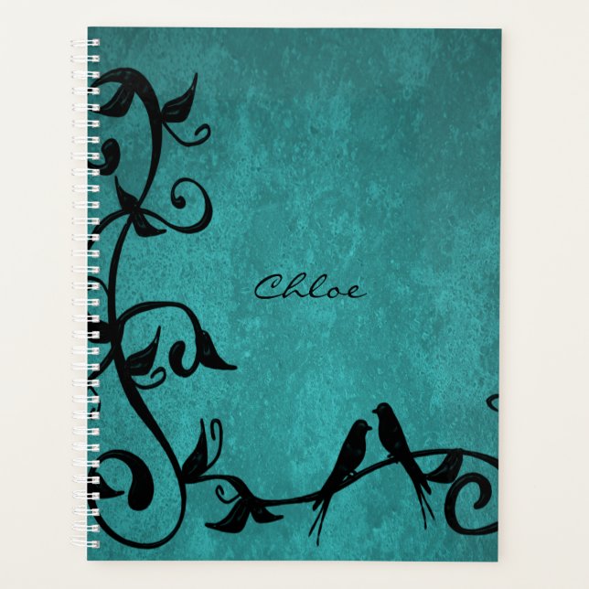 Teal Lovebirds Personalized Planner (Front)