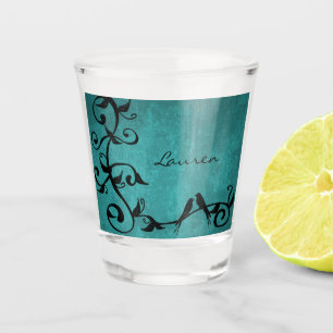 Teal Lovebirds Personalized Shot glass