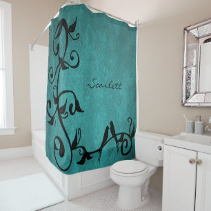 Teal Lovebirds Personalized Shower Curtain