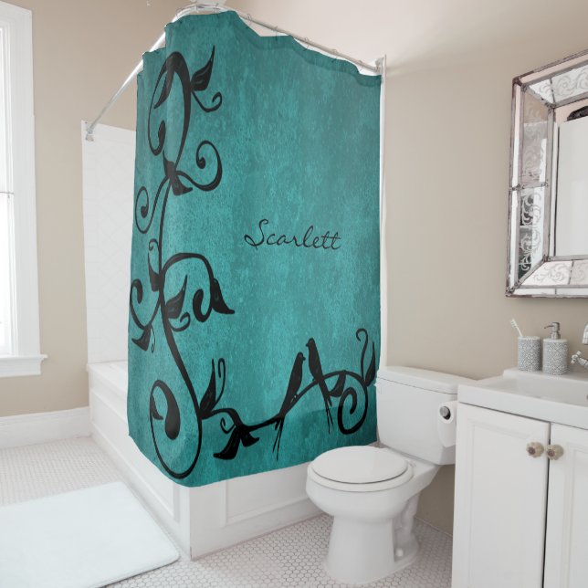 Teal Lovebirds Personalized Shower Curtain (In Situ)