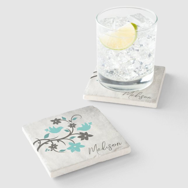 Teal Lovebirds Personalized Stone Coaster (Side)