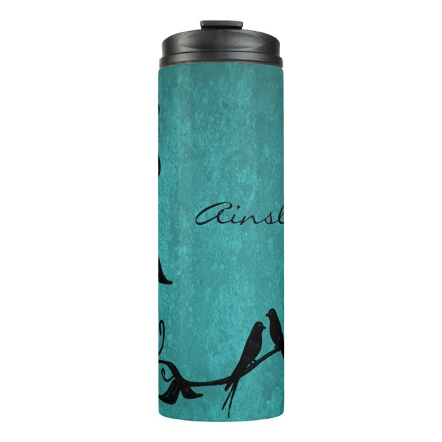 Teal Lovebirds Personalized Thermal Tumbler (Front)