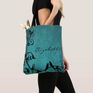 Teal Lovebirds Personalized Tote Bag