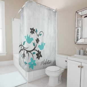 Teal Lovebirds Shower Curtain