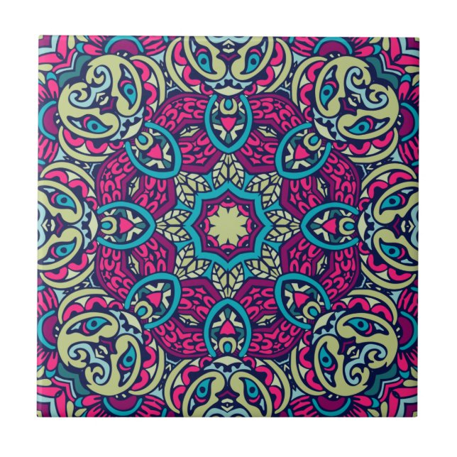 Teal, Magenta, Gold & Olive Eclectic Boho Mandala Tile (Front)