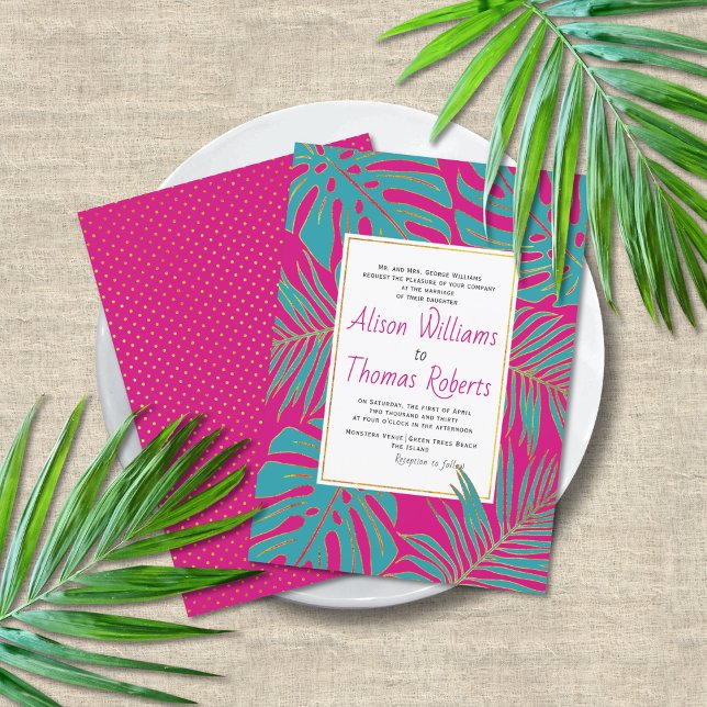 Teal magenta tropical monstera palm leaves wedding invitation (Creator Uploaded)
