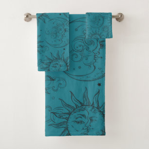 Teal Magic Vintage Celestial Sun Moon Stars Bath Towel Set