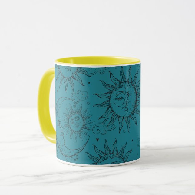 Teal Magic Vintage Celestial Sun Moon Stars Mug (Front Left)