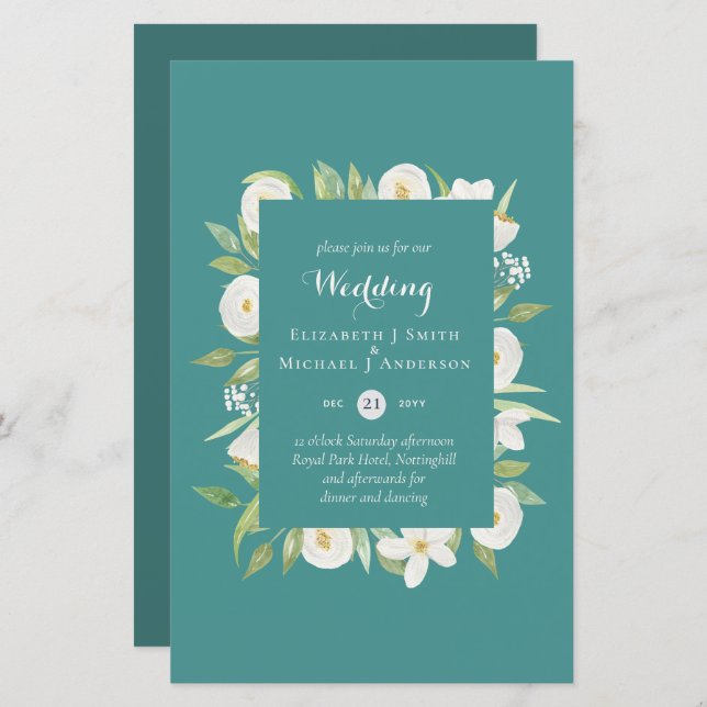 Teal Magnolia Floral Budget Wedding Invites A9 (Front/Back)