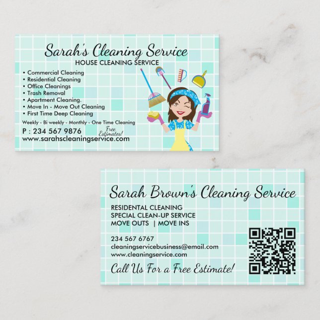Teal Maid Janitorial Lady qr code Cleaning Service Business Card (Front/Back)