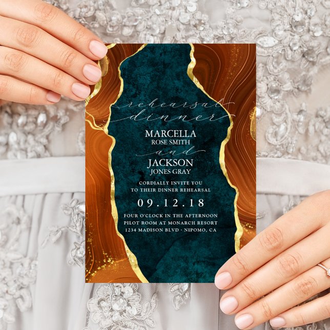 Teal Marble, Burnt Orange & Gold Agate Rehearsal Invitation (Creator Uploaded)