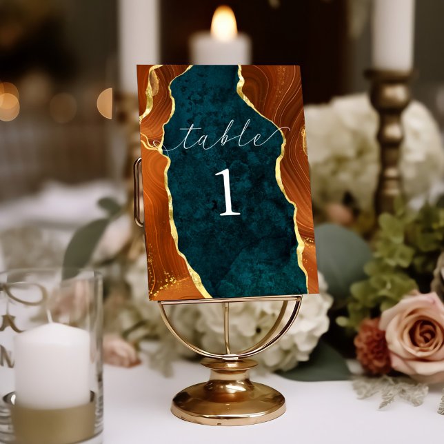 Teal Marble Burnt Orange & Gold Agate Table Number (Creator Uploaded)