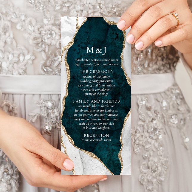 Teal, Marble & Gold Agate Wedding Program (Creator Uploaded)
