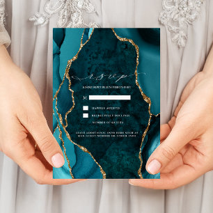 Teal, Marble & Gold Agate Wedding RSVP Invitation